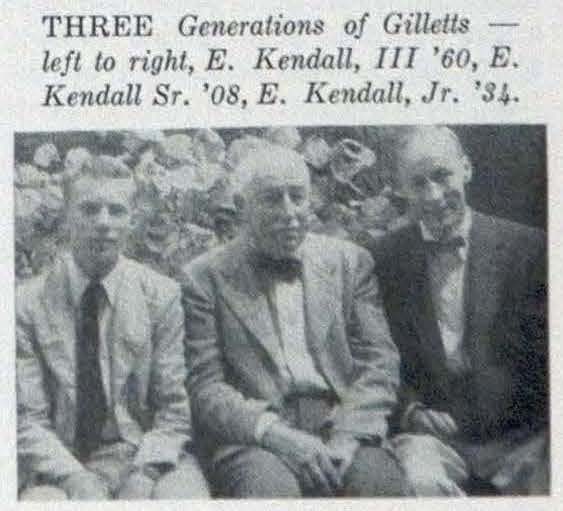 AR 1957 07 - three generations of gilletts A clipping from a 1957 Alumni Review shows E. Kendall Gillett with his son and grandson.