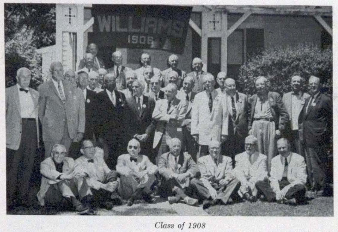 AR 1958 07 - 1908 at 50th reunion A black and white photo of the Williams class of 1908 at their 50th reunion.