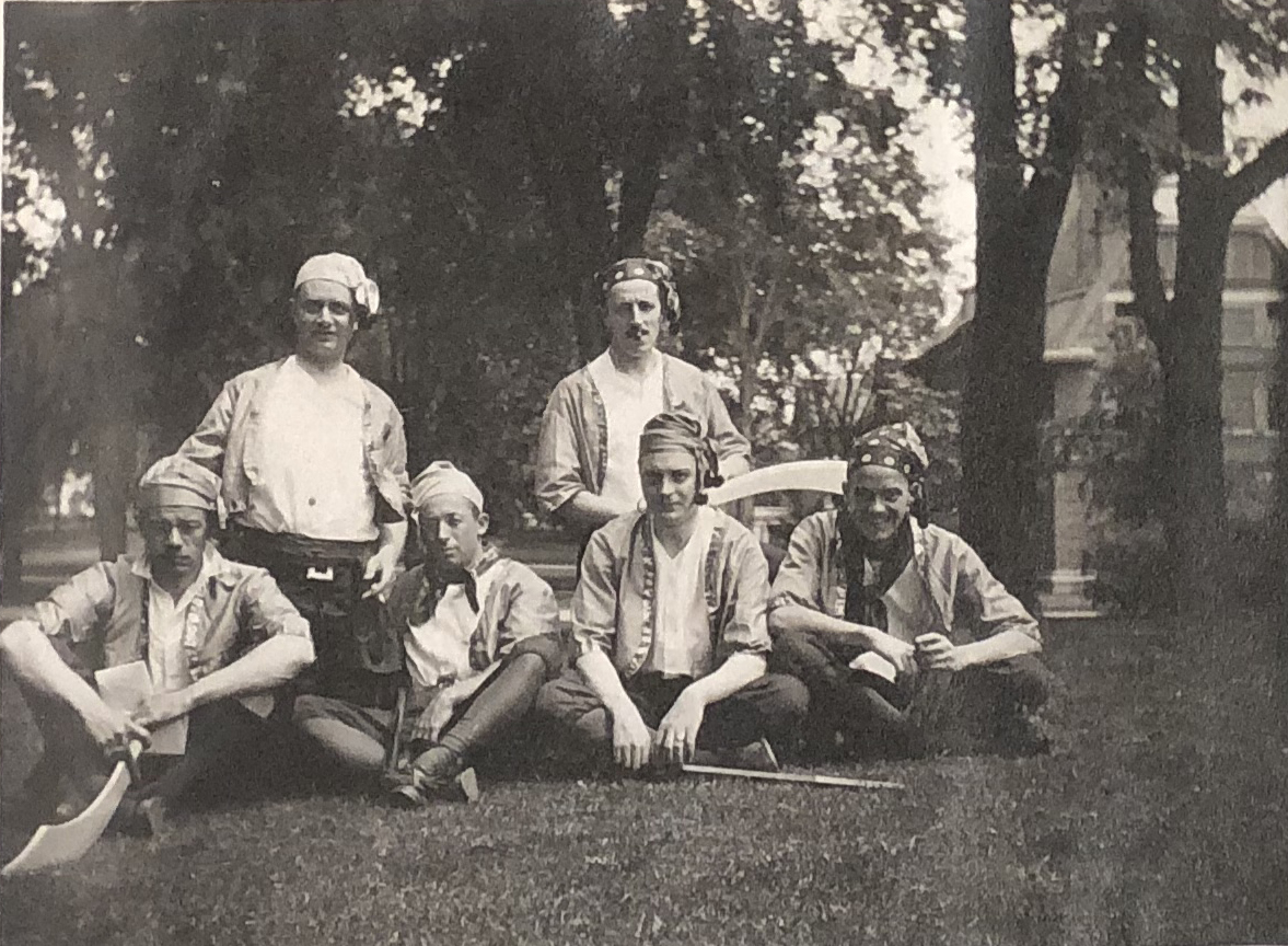 e kendall gillett scrapbook 05 Black and white photo of men from the class of 1908 dressed as pirates at their fifth reunion.