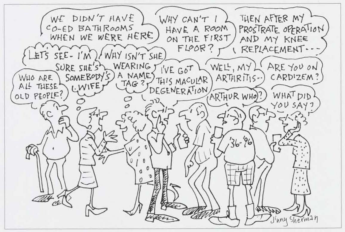 02 - AR 1996 3 Summer - reunion cartoon by jinny sherman for 1936 Summer 1996 Alumni Review, reunion cartoon by Jinny Sherman, wife of Richard Sherman ‘36