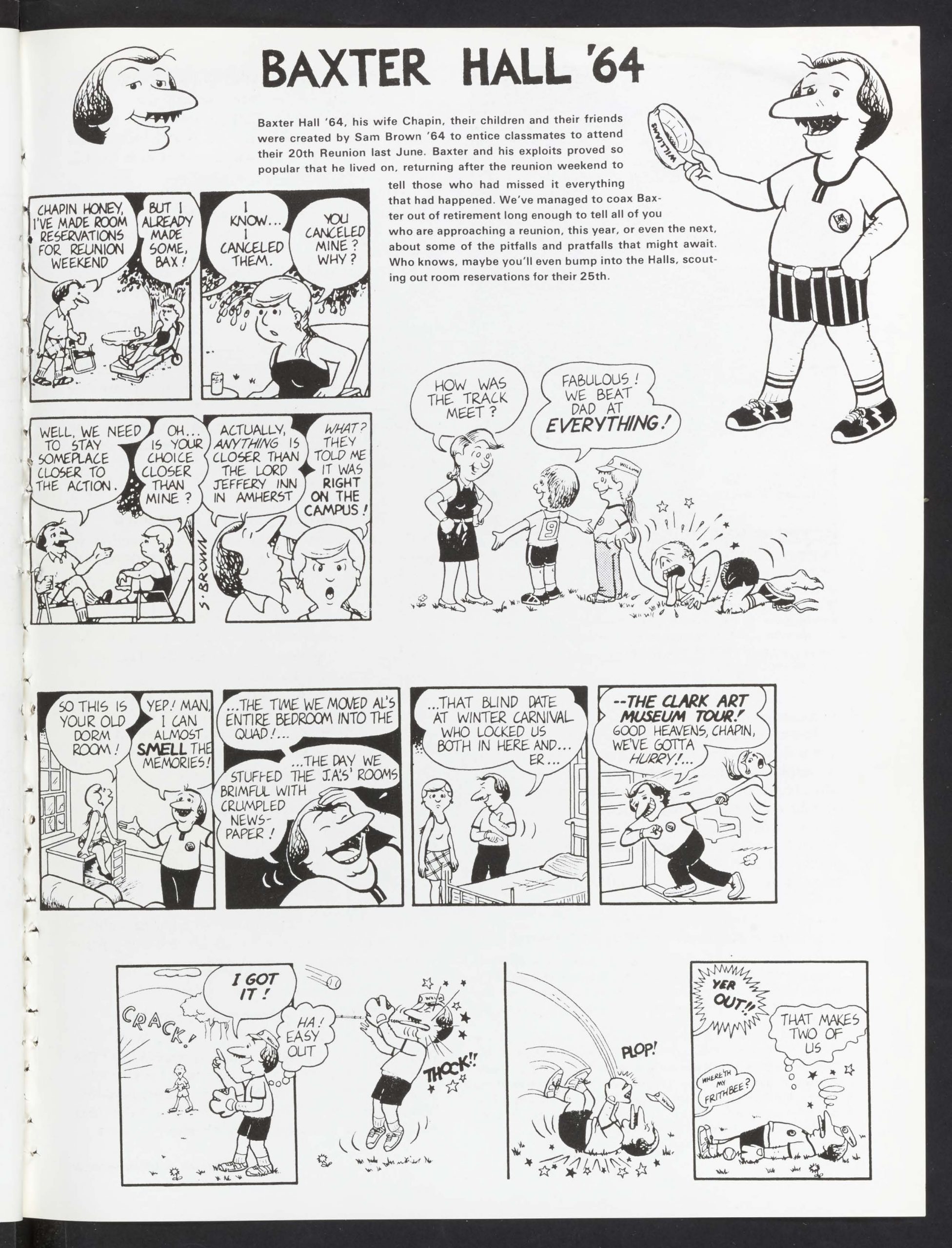 03 - AR 1985 1 Winter - baxter hall _64 comic to promote reunion Winter 1985 Alumni Review, reunion cartoon by Sam Brown ‘64