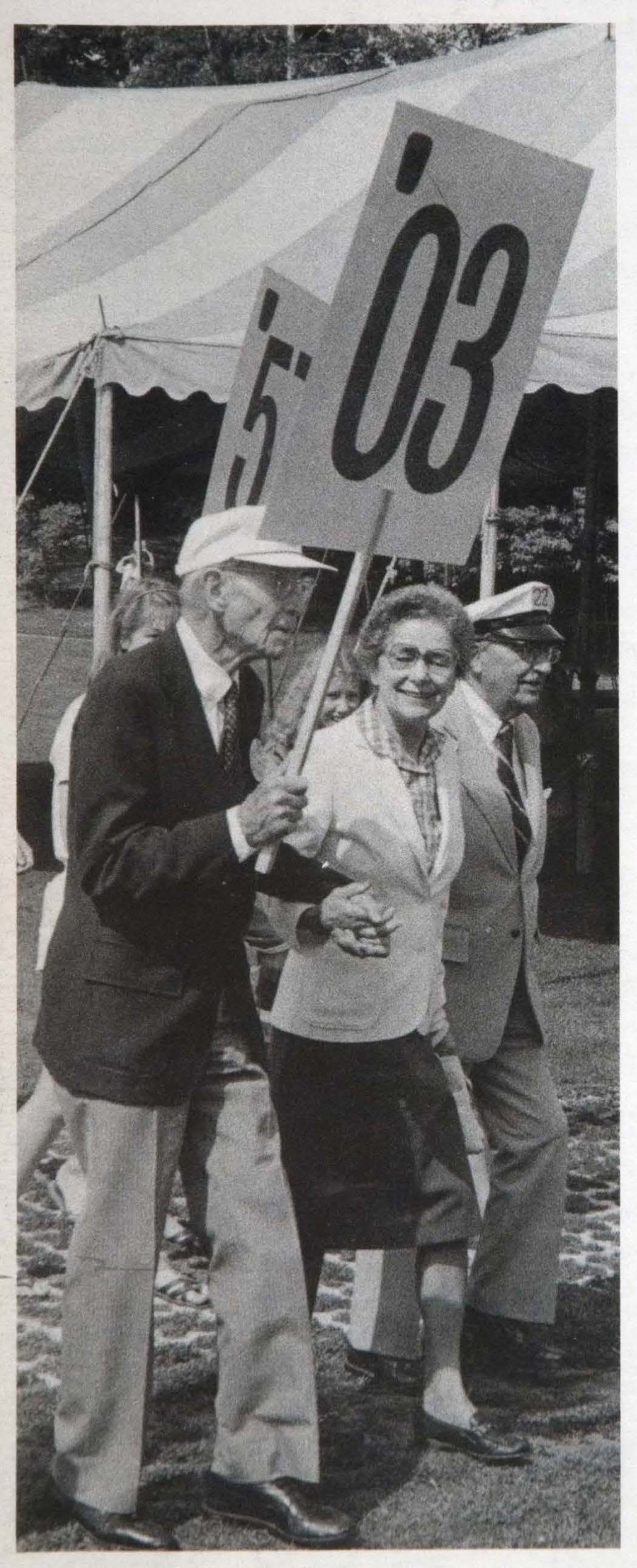 13 - AR 1982 3 Summer - 100-year-old 1903 alum carries reunion sign cover photo 1 William M. Cooper, Class of 1903, celebrating his 79th reunion in 1982 (Summer 1982 Alumni Review)