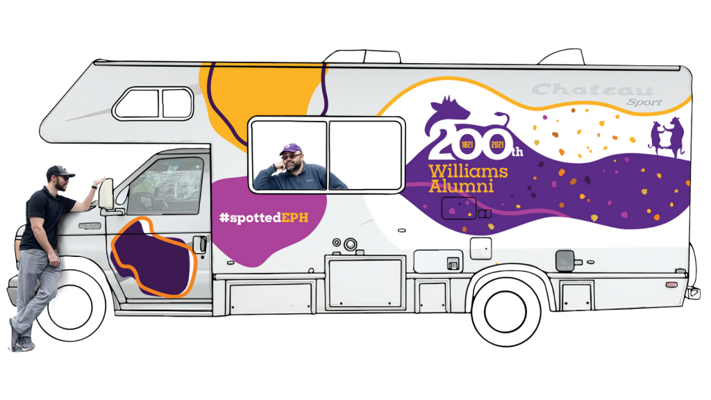 RV-graphic graphic of an RV covered in bicentennial spots and logo, with one person staring out a window and another leaning against the hood