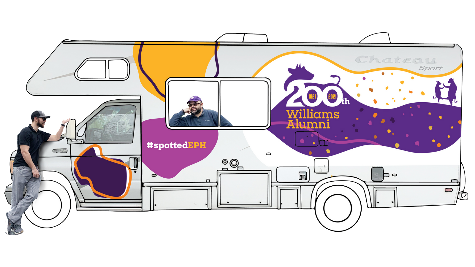 RV-graphic graphic of an RV covered in bicentennial spots and logo, with one person staring out a window and another leaning against the hood