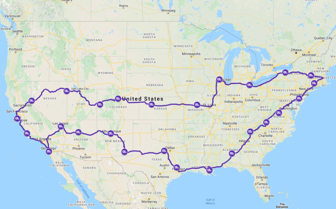 Screen Shot 2021-06-15 at 7.15.19 AM graphic of a Google Map with outline of route marked with RV icons