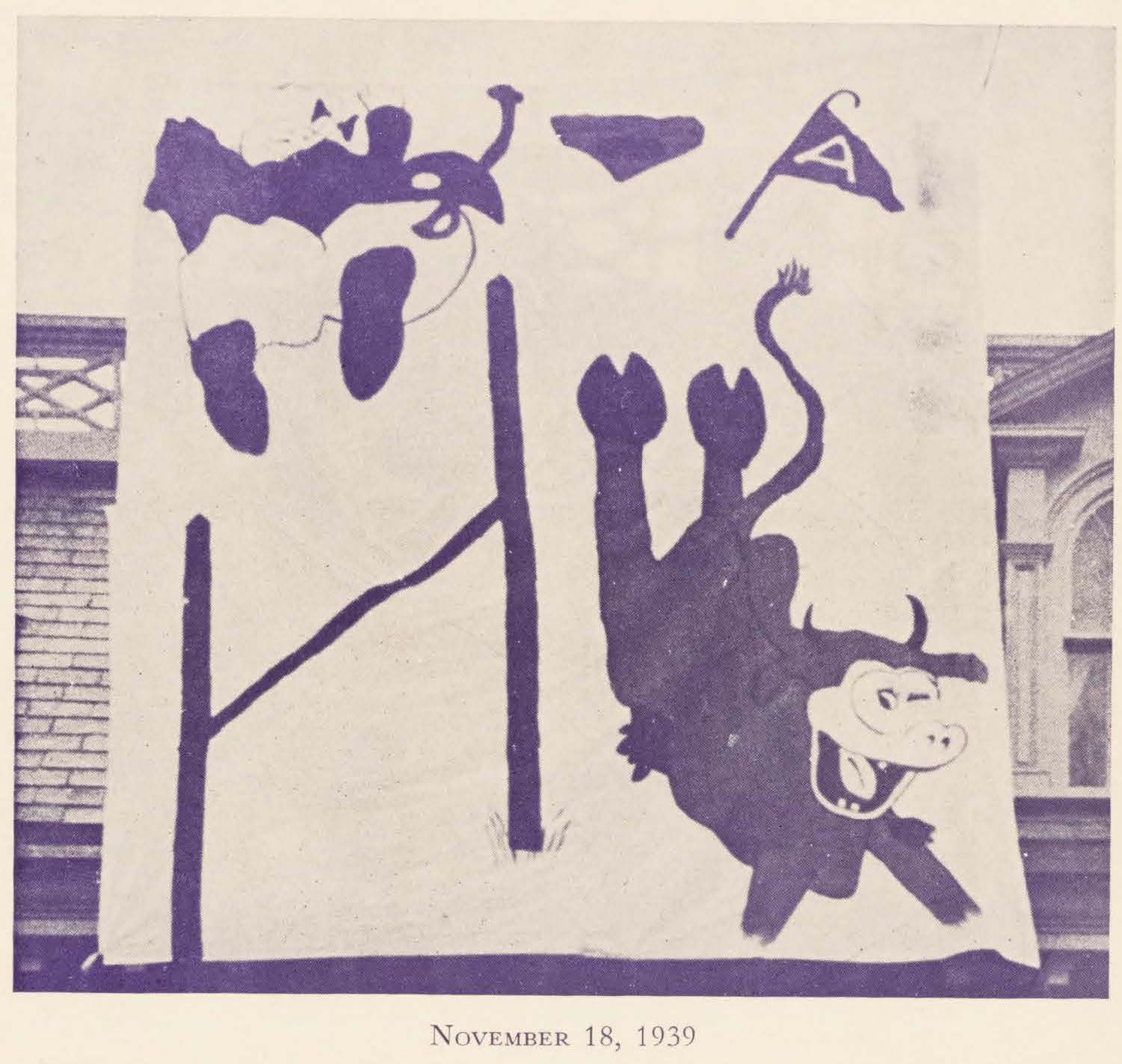 AR 1939 12 - november 18 1939 photo of cow banner for homecoming AR 1939 12 - november 18 1939 photo of cow banner for homecoming