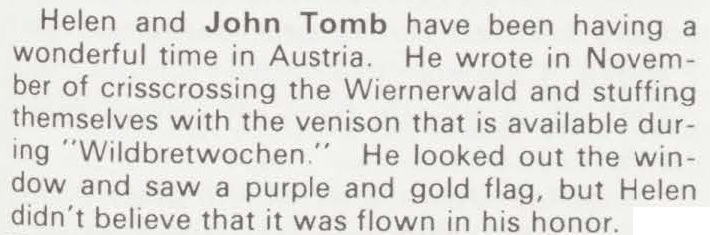 AR 1976 1 Winter - 1940 alum sees purple gold flag in austria maybe flown in his honor jk crop Winter 1976 Alumni Review, 1940 class notes