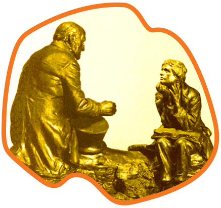 Sculpture depiction of Mark Hopkins at one end of the log with a student at the other
