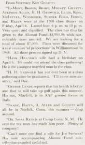 A clip from the May 1945 Alumni Review from E. K. Gillett.