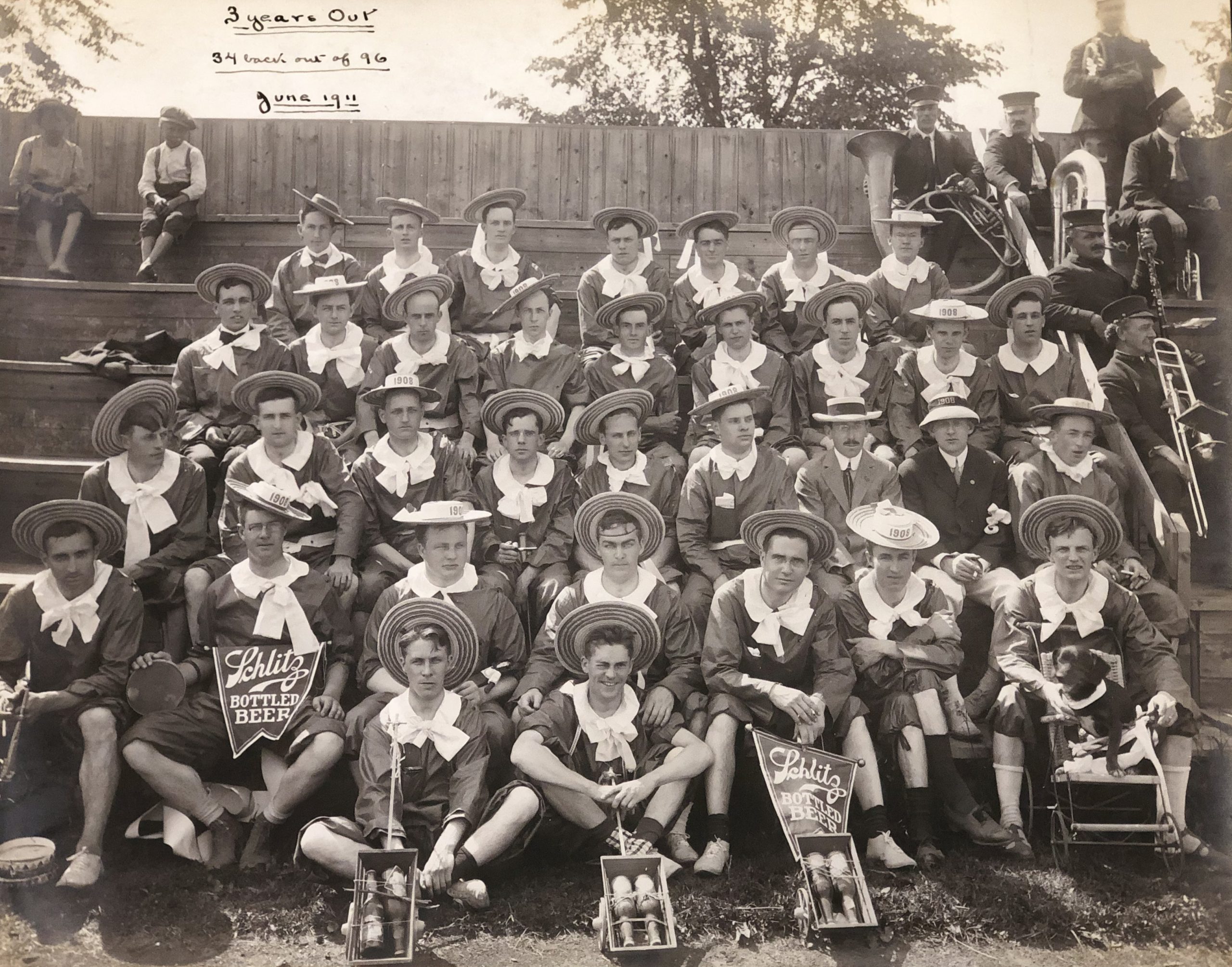 e kendall gillett scrapbook 03 A black and white photo shows members of the Williams class of 1908, in costume, at their three-year reunion in 1911.