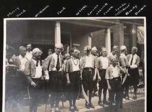 Black and white photo of men from the class of 1908 dressed as pirates at their fifth reunion.