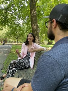 Elyse in conversation with Mike at Tower Grove Park.