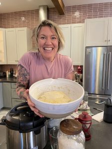Madeline getting ready to bake some bread.