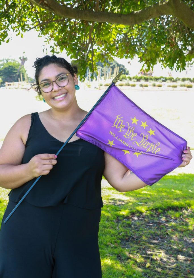 a woman wearing a baclk dress posing for a photo in a park while holding a purple flag that says 'We the Purple'