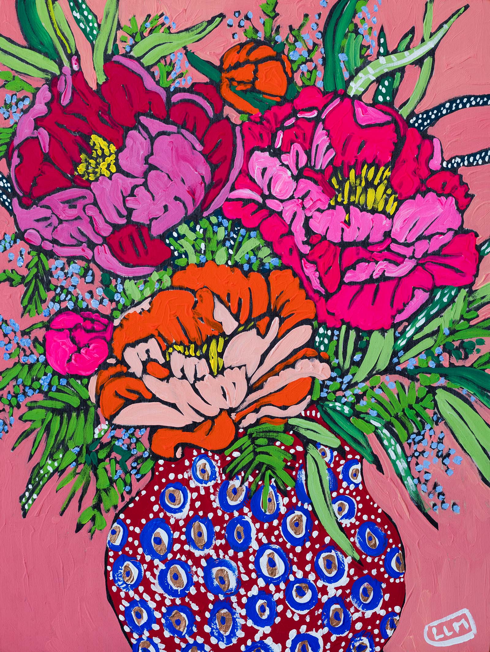 SMALL Peony Bouquet in Folk Art Vase on Pink Fauvist Painting